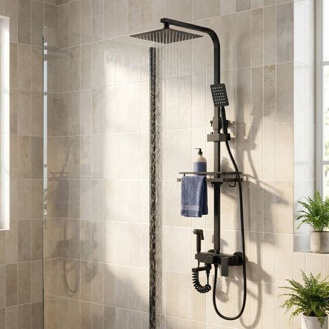 Colonne de douche thermostatique, réglable 650-1050mm, 4 fonctions avec douchette et bidet, Laiton, Moderne, Noir mat (1/5)