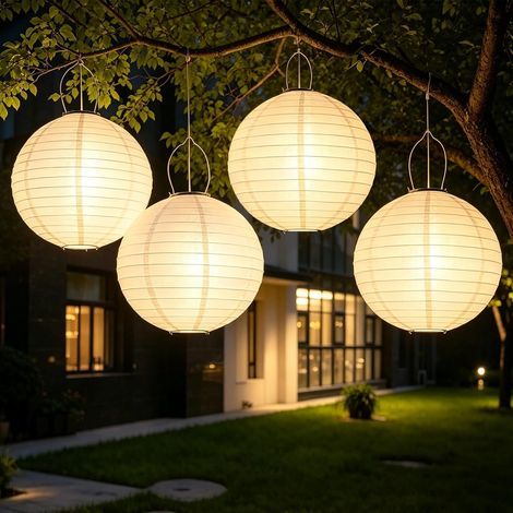 Lot de 4 lampions solaires d'extérieur résistants aux intempéries - 30 cm - Lampions solaires d'extérieur - Lanterne solaire LED étanche - Pour l'extérieur - Pour jardin, terrasse, cour (1/5)