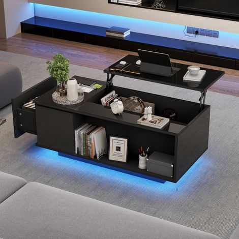 Mesa de centro de tablero de partículas negro 100 x 50 x 40 cm, elevable con LED y almacenaje (1/5)