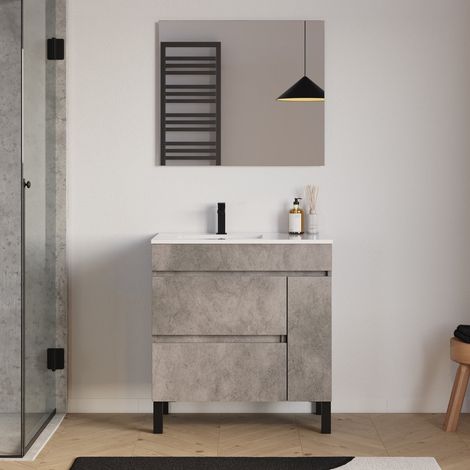 Meuble de salle de bain 80cm sur pieds avec vasque déportée à gauche avec porte et tiroirs - ciment (gris) - LAZARO (1/5)