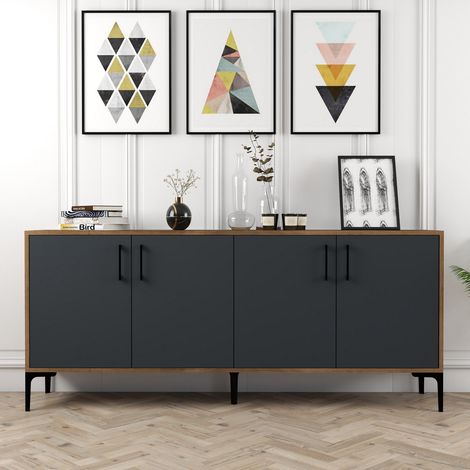 Cotecosy – Buffet en bois kiev 180 x 35 x 78 cm – 4 étagères – 4 portes – Gris anthracite – Structure en bois durable (1/5)