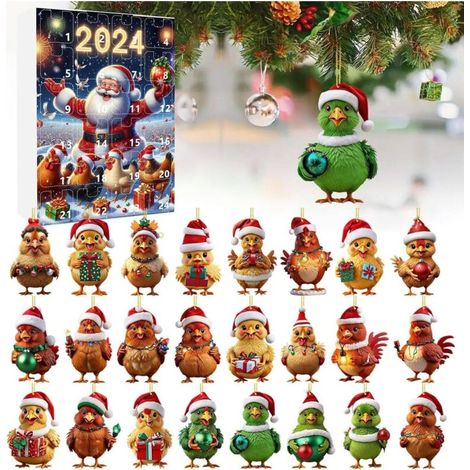 Advent Calendar 2024 - 2D Advent Calendar with Santa Hat - Hanging Home Decoration for Christmas Party - Hen Design - 24 Days (1/5)