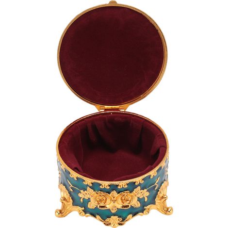 Vintage Schmuckkästchen aus Metall, rund, mit exquisitem, handgeschnitztem Goldblumenmuster, Aufbewahrungsmöglichkeit für Ringe, Ohrringe und Halsketten, blau (1/5)