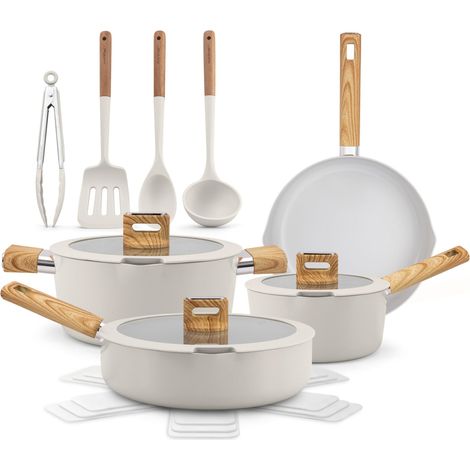 Ensemble de Cuisine Céramique 14 Pièces Induction Batterie de Cuisine Antiadhésive Aluminium Répartition Uniforme de la Chaleur Couvercles en Verre Poignées Toucher Froid blanc (1/5)