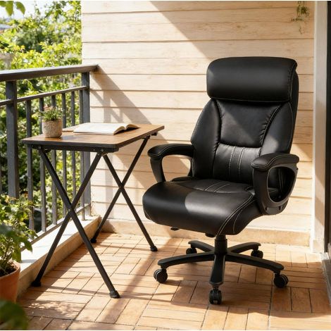 Silla de oficina de PU negra 86 x 72 x 127 cm con reposacabezas ajustable, soporte lumbar y balanceo 15° (1/5)