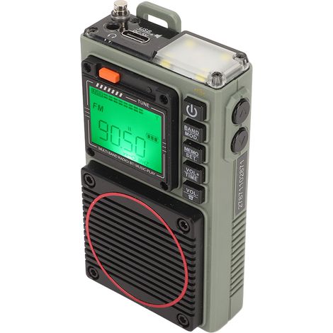 Radio FM/VHF/AM/SW/WB rétro avec alarme SOS, lecteur de carte et Bluetooth portable, bande complète, basses stéréo, rétro et lampe torche intégrée. (1/5)