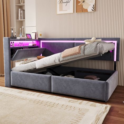 Polsterbett 90x200 mit Stauraum und LED-Beleuchtung, multifunktionales Schlafsofa aus Samt in Dunkelgrau mit USB-Anschluss und Bettkasten (1/5)
