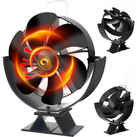 Holzofenventilator, 6-Blatt-Holzofenventilator, Kaminventilator mit 180° Auf- und Ab-Drehung, leise Motoren, Gas-, Pellet- und Holzbrenner (1/5)