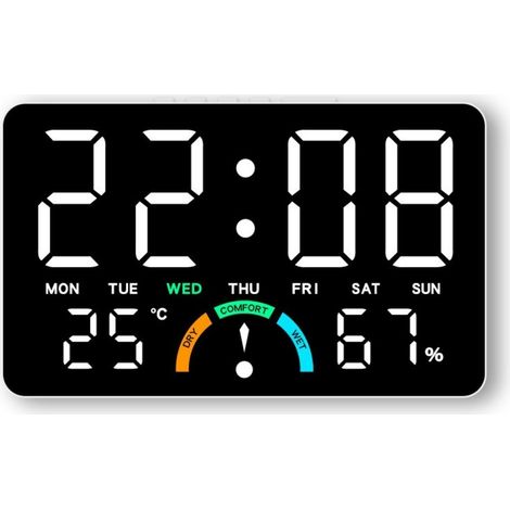 Digital wall clock with date, time, temperature and humidity, dual alarm, comfort reminder, large LED display alarm clock (1/5)