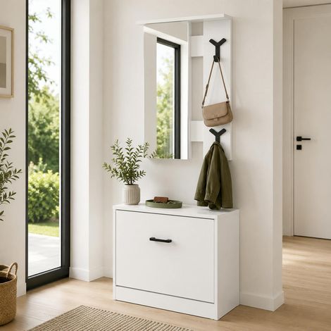 Vestiaire d'entrée blanc avec meuble à chaussures et miroir ALVA (1/4)