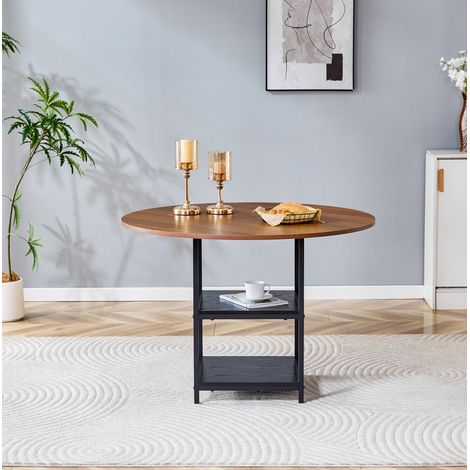 Tavolo da pranzo rotondo 107 cm nero e noce in MDF e metallo con doppio ripiano (1/5)