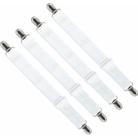 Tendeur de Drap Housse Réglable (65cm à 200cm) - Fixation Attache Sangle Ajustable pour Drap de Lit, Canapé, Housse de Repassage (Lot de 4, Blanc) (1/4)