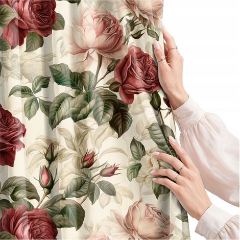 Rideau pour salon, cuisine, chambre, galon à fronces, rideaux prêts à poser, roses, 300 cm (1/5)