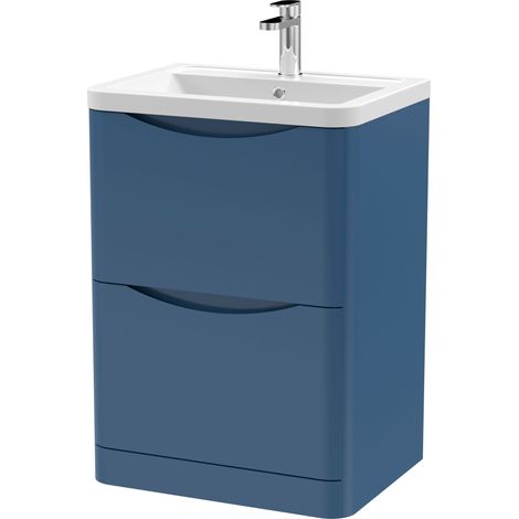Dunwood Contemporary 2 Drawer Floor Standing Vanity Unit with Basin, Satin Blue, 600mm