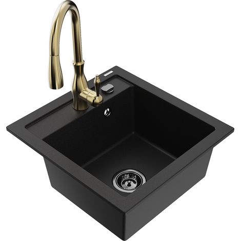 Mexen Vito fregadero de granito de 1 cubeta con grifo de cocina Savita, negro - 6503-77-672601-50-B (1/5)