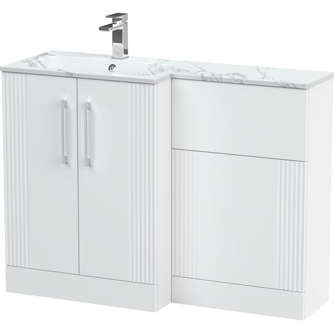 Belvide Retro Partially Fluted Floor Standing 2 Door Vanity WC Unit and Carrera Marble Stone Basin, Left Hand, 1100mm, Satin White (1/4)