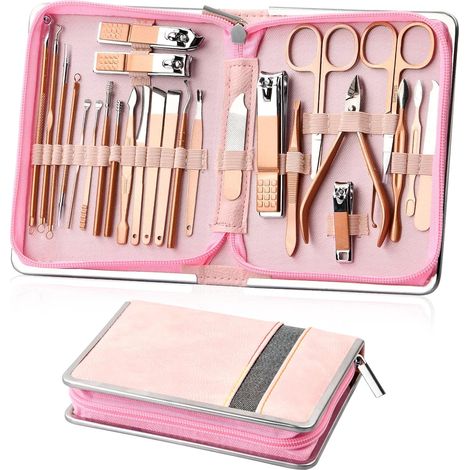 Kit de Manucure de Pédicure, 26pcs Coupe Ongle Professionnel Set en Acier Inoxydable, Trousse Manucure Pedicure avec Pochette Zippée Premium pour Voyage et à la Maison (Rose),Pink
