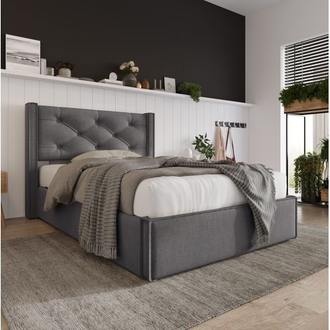 Lit avec rangement tissu coton gris 90x200 cm, sommier à lattes inclus, avec tête de lit capitonnée (1/5)
