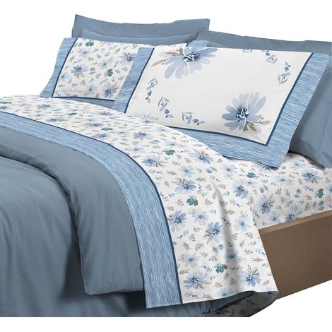 Completo letto set lenzuola 100% cotone di flanella linea Fiore Una piazza e mezza - Azzurro