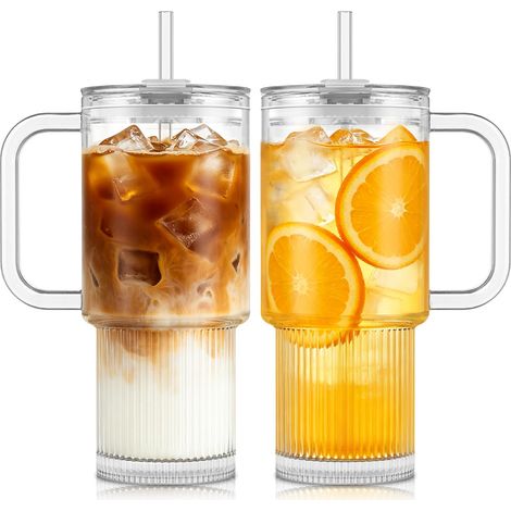 Lot de 2 gobelets en verre nervuré de 768 ml avec couvercles étanches et pailles – Ensemble de verre sans plomb pour café glacé, smoothies et jus, passent au lave-vaisselle (1/5)