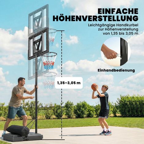 Panneau de basket extérieur 135-305cm, réglable en hauteur, avec support robuste et panneau 110x70cm incassable, 2 roulettes. (1/5)