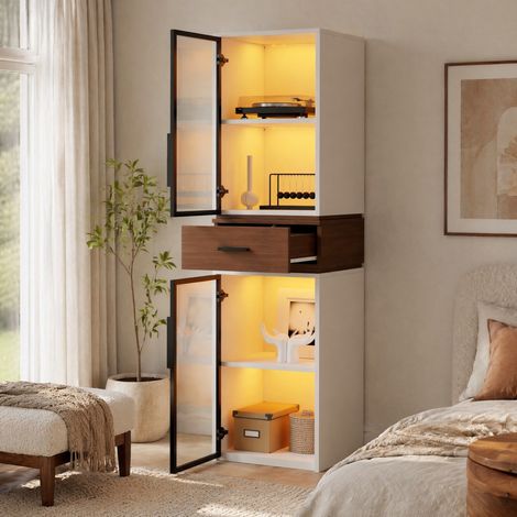 Vitrina de vidrio LED 40 x 40 x 200 cm blanca con 2 puertas de vidrio y 1 cajón DESVIAE (1/5)