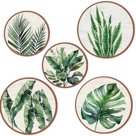 Ensemble de 5 décorations murales en bois - Décoration murale ronde style bohème pour chambre - Plantes tropicales Monstera vertes - Décoration (1/5)