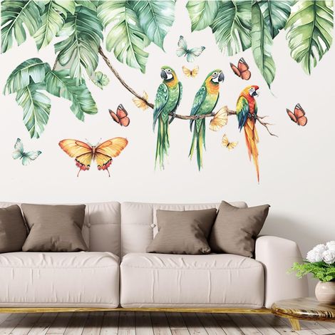 Stickers Muraux Feuille De Palmier Tropical Autocollant Muraux Mural Stickers Pendaison Vigne Plantes Verte Feuilles Perroquet Oiseaux Décoration Murale Chambre Cuisine Salon Bureau (b) (1/5)