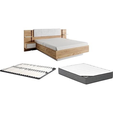 Lit avec chevets 160 x 200 cm - Avec LEDs - Coloris : Naturel et blanc + Sommier + Matelas Premium - ELYNIA (1/5)