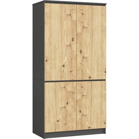 Akord – Armoire 4 portes gris graphite avec façade chêne artisan – 4 étagères – Dimensions 90x51x180 cm – Panneau stratifié