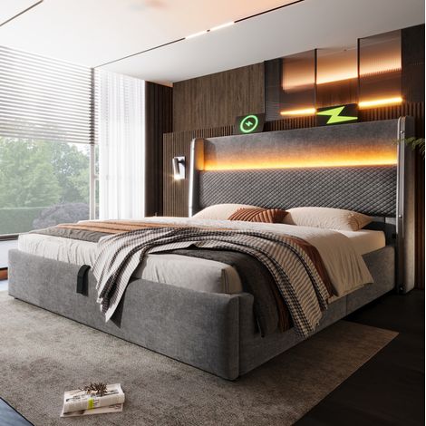 Polsterbett 140x200 cm mit hohem Kopfteil, LED, USB/Type-C und Stauraum, grau HAVRYA (1/5)