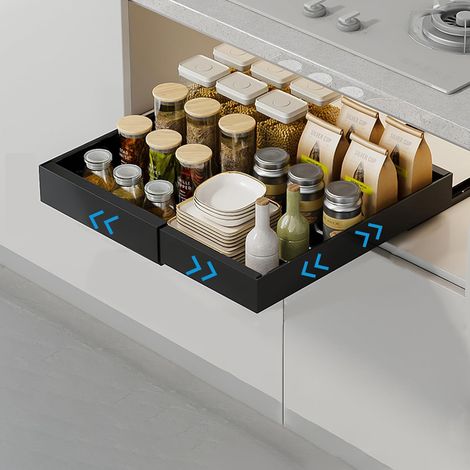 Tiroir Coulissant Cuisine Rangement Cuisine Placard Adhesif Organiseurs de Tiroir en Acier au Carbone Extensible de 32 à 52 cm Aucun PerçAge ni Clouage Requis (Noir, 1pièce) (1/5)