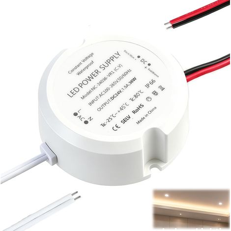 Transformateur 24V 36W, Alimentation 24V 1.5A, LED Transformateur AC à DC, IP66 LED Driver Power Supply, Adaptateur à Tension Constante Transfo, Sans Scintillement, Sans Bruit (1/5)