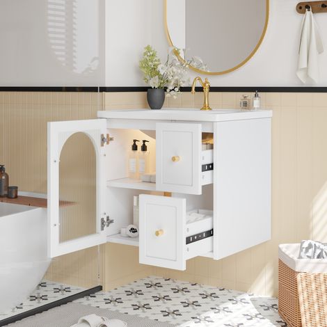 Lavabo suspendu céramique avec vasque intégrée, LED lumineux, porte rainurée vitrée & poignées en métal, meuble sous vasque à fermeture douce, noir/blanc