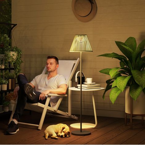 Lampe solaire sur pied en rotin, 25 LED 2500 K avec capteur crépusculaire, grise OKMYHOME (1/5)