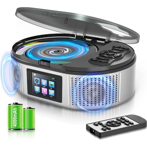 Portable Bluetooth CD Player with Stereo Speaker, Desktop CD Player  4000mAh Rechargeable Bluetooth CD Players Remote Control, LCD Screen, Support FM Radio USB/AUX CD Player (1/5)