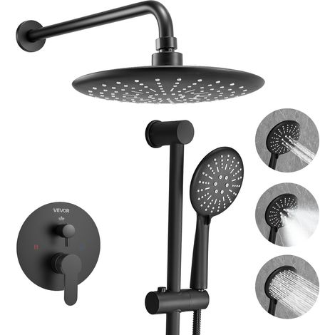 VEVOR Shower Faucet Set, Rainfall Bathroom Shower System with 9-Inch (23cm) Round Rain Shower Head and Handheld Spray, Wall Mounted Bath Fixtures with Brass Valve and Trim Kit, Matte Black (1/5)