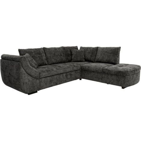 Canapé d'angle convertible réversible - 4 à 5 places - CALVIN - Tissu chenille Noir - Coffre - 257 x 214 x 88 cm (1/5)
