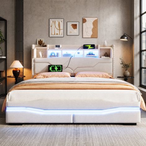 Lit coffre 160x200 cm en lin beige avec LED, rangement intégré pour chambre, sans matelas – MEUBLIV (1/5)