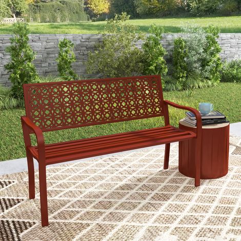 Panchina da giardino 127x63x85 cm, 2 posti con schienale decorativo e braccioli, acciaio rosso (1/5)