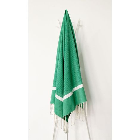 Fouta 100x200 Corfou Vert Bande Blanche - 100% coton - franges