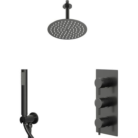 Colore Round Gunmetal Grey Concealed Triple Thermostatic Shower Valve and 200mm Fixed Head with 150mm Ceiling Arm and Outlet Holder with Kit - 2 Outlet (1/5)