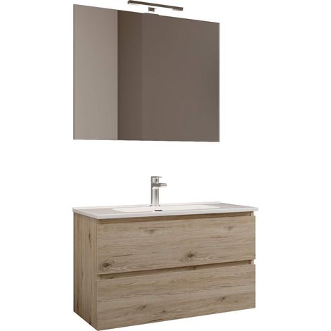 MaMa Store Atena Mobile sospeso con lavabo, specchio e lampada LED, Laminato, Quercia Naturale L. 81 X P. 47 X H. 53 Cm (1/4)