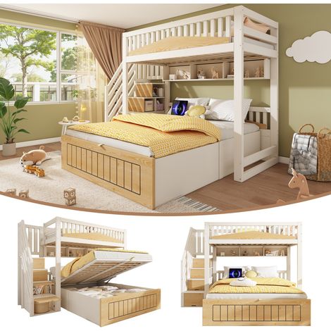 Lit superposé enfant 90x200/140x200 bois, rangement hydraulique, escalier, barrière sécurité, port USB-C, blanc/naturel (sans Matelas) (1/5)