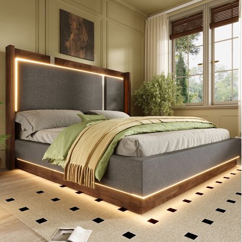 Cama abatible 160x200 con LED, elevación hidráulica, gris y nogal HAVRYA (1/5)