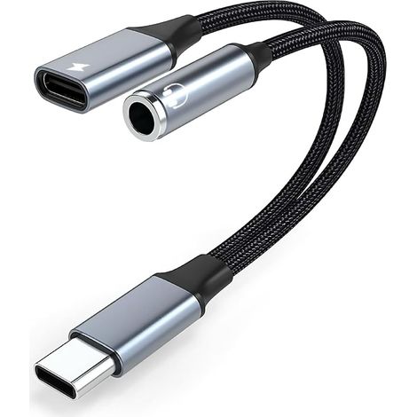 Adaptateur USB-C vers jack et USB-C 2 en 1, câble audio 3,5 mm (1/8") en nylon tressé, boîtier en alliage d'aluminium durable, installation facile (Plug and Play), compatible avec les écouteurs Huawei (1/5)
