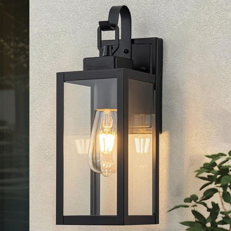 Applique Murale E27 Extérieure Lanterne, Noir Mat Porche Luminaire Exterieur avec Abat-Jour en Verre Transparent, Jardin Lampe Exterieur, IP44 Etanche Éclairage Mural pour Couloir Entrée Balcon (1/5)