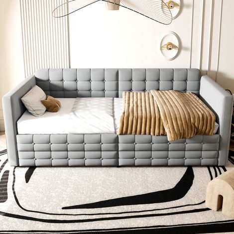 Lit banquette 90x190 cm avec 2 tiroirs,lit simple rembourré en velours gris clair,poches latérales,sommier à lattes (1/5)