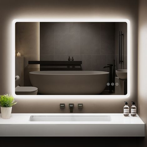 Miroir de salle de bain avec éclairage 100x60 cm, rectangulaire, interrupteur tactile, variateur, 3 couleurs de lumière réglables, anti-buée, montage horizontal/vertical. (1/5)