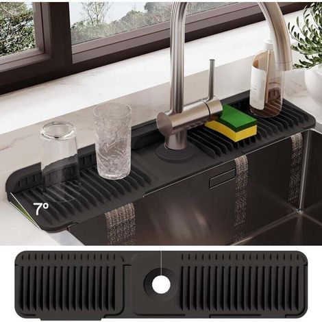 Tappetino in silicone per rubinetto da 24" per lavello da cucina e paraschizzi - Protezione per piano di lavoro per raccogliere le fuoriuscite (nero, 24" x 5,5") (1/4)